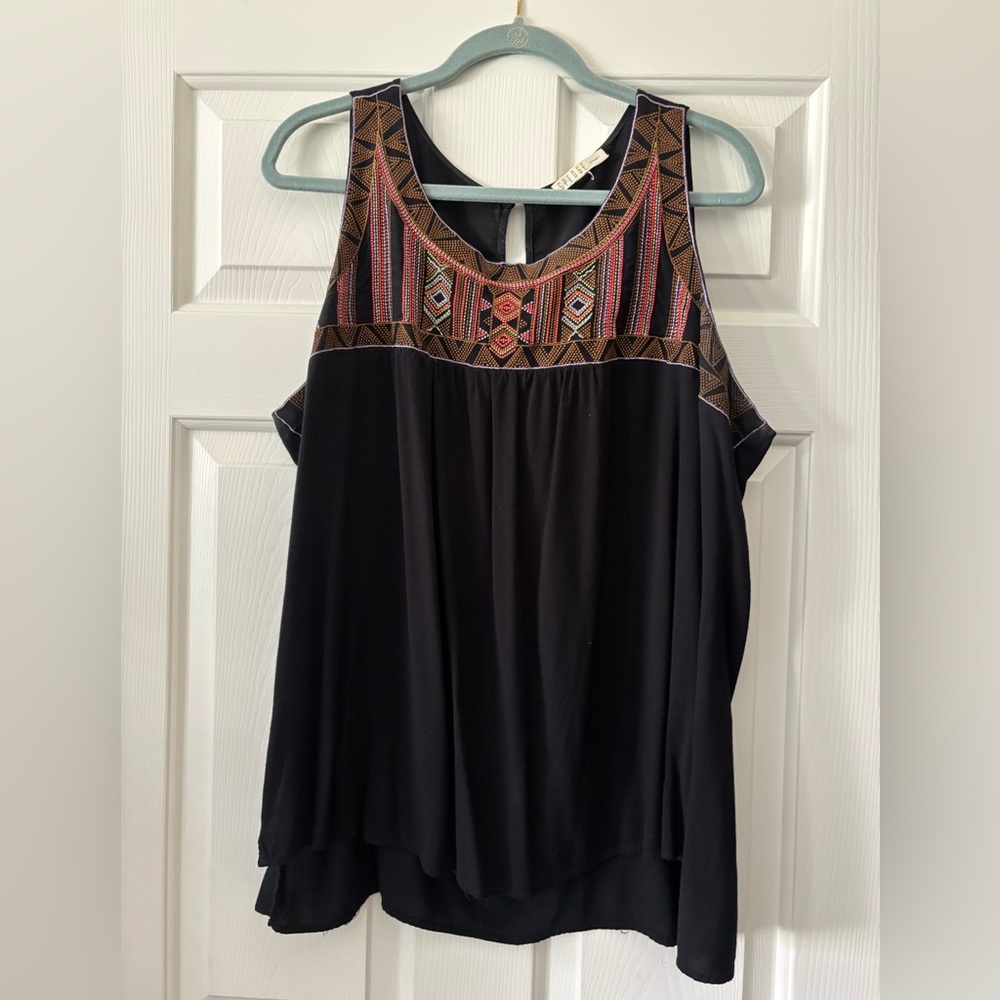 Spense Black Tank Top with Multicolor Embroidered Yoke